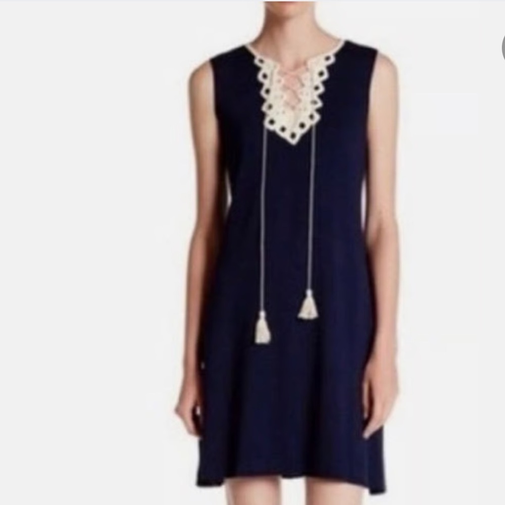 Max Studio Navy Crochet Neck Sleeveless Dress Sz XL